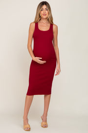 Burgundy Fitted Knit Maternity Midi Dress