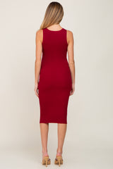 Burgundy Fitted Knit Maternity Midi Dress