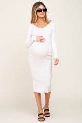 Ivory Knit Ribbed Maternity Midi Dress