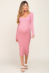 Pink Knit Ribbed Maternity Midi Dress