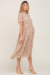 Cream Floral Pleated Short Sleeve Chiffon Maternity Midi Dress