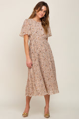 Cream Floral Pleated Short Sleeve Chiffon Midi Dress