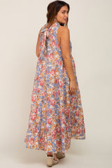 Blue Floral Ruffle Mock Neck Tiered Maternity Maxi Dress