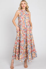 Blue Floral Ruffle Mock Neck Tiered Maxi Dress