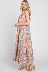 Blue Floral Ruffle Mock Neck Tiered Maxi Dress