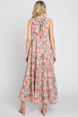 Blue Floral Ruffle Mock Neck Tiered Maxi Dress