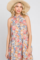 Blue Floral Ruffle Mock Neck Tiered Maxi Dress