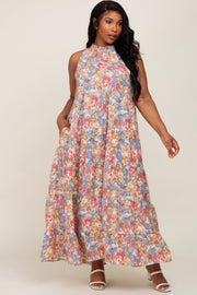 Blue Floral Ruffle Mock Neck Tiered Plus Maxi Dress