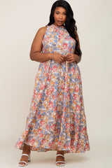 Blue Floral Ruffle Mock Neck Tiered Plus Maxi Dress