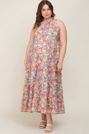 Blue Floral Ruffle Mock Neck Tiered Maternity Plus Maxi Dress