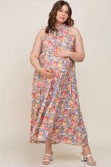 Blue Floral Ruffle Mock Neck Tiered Maternity Plus Maxi Dress