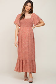 Rust Leaf Smocked Flounce Sleeve Maternity Maxi Dress