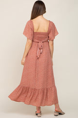 Rust Leaf Smocked Flounce Sleeve Maternity Maxi Dress