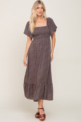 Charcoal Leaf Smocked Flounce Sleeve Maxi Dress