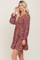 Red Floral Smocked Long Sleeve Dress