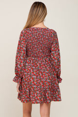 Red Floral Smocked Long Sleeve Maternity Dress