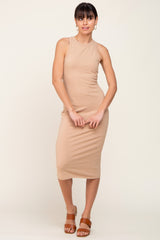 Beige Fitted Racerback Maternity Midi Dress