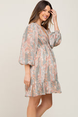 Mauve Printed Smocked Balloon Sleeve Maternity Dress