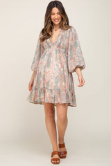 Mauve Printed Smocked Balloon Sleeve Maternity Dress