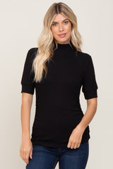 Black Ribbed Mock Neck Ruched Top