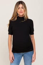 Black Ribbed Mock Neck Ruched Maternity Top