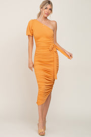 Orange Textured One Shoulder Ruched Dress