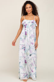 White Floral Sleeveless Ruffle Maxi Dress