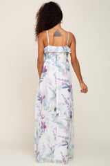 White Floral Sleeveless Ruffle Maxi Dress