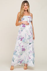 White Floral Sleeveless Ruffle Maternity Maxi Dress