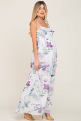 White Floral Sleeveless Ruffle Maternity Maxi Dress