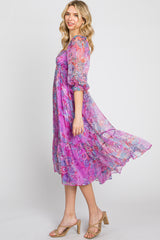 Pink Floral Shimmer Chiffon Midi Dress