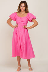 Pink Sweetheart Neck Puff Sleeve Linen Midi Dress