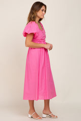 Pink Sweetheart Neck Puff Sleeve Linen Midi Dress