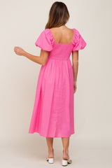 Pink Sweetheart Neck Puff Sleeve Linen Midi Dress