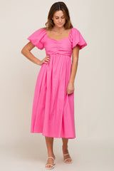 Pink Sweetheart Neck Puff Sleeve Linen Midi Dress