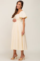 Yellow Sweetheart Neck Puff Sleeve Linen Maternity Midi Dress