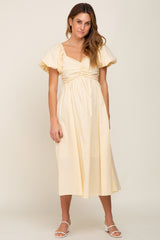 Yellow Sweetheart Neck Puff Sleeve Linen Maternity Midi Dress