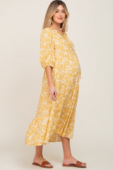 Yellow Floral Button Front Tiered Maternity Midi Dress