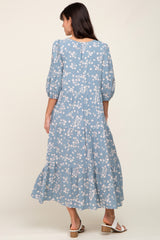 Light Blue Floral Button Front Tiered Midi Dress