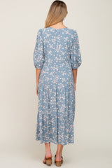 Light Blue Floral Button Front Tiered Maternity Midi Dress