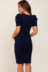 Navy Short Puff Sleeve Maternity Dress