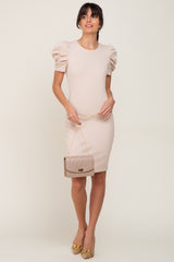 Beige Short Puff Sleeve Maternity Dress