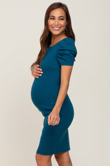 Teal Short Puff Sleeve Maternity Dress