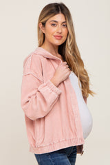 Light Pink Corduroy Button Up Hooded Maternity Jacket