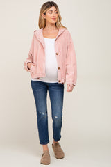 Light Pink Corduroy Button Up Hooded Maternity Jacket