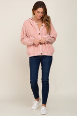 Light Pink Corduroy Button Up Hooded Jacket