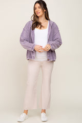 Lavender Corduroy Button Up Hooded Maternity Jacket