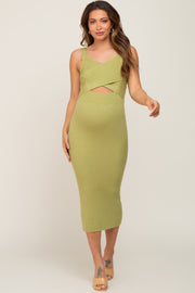 Green Rib Knit Cross Front Back Tie Maternity Midi Dress