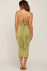 Green Rib Knit Cross Front Back Tie Maternity Midi Dress