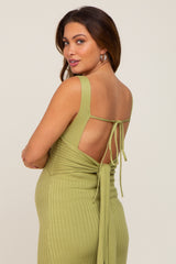 Green Rib Knit Cross Front Back Tie Maternity Midi Dress